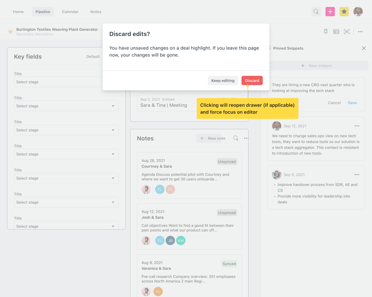 A discard edits confirmation dialog over the record page, warning that unsaved changes on a deal highlight will be lost