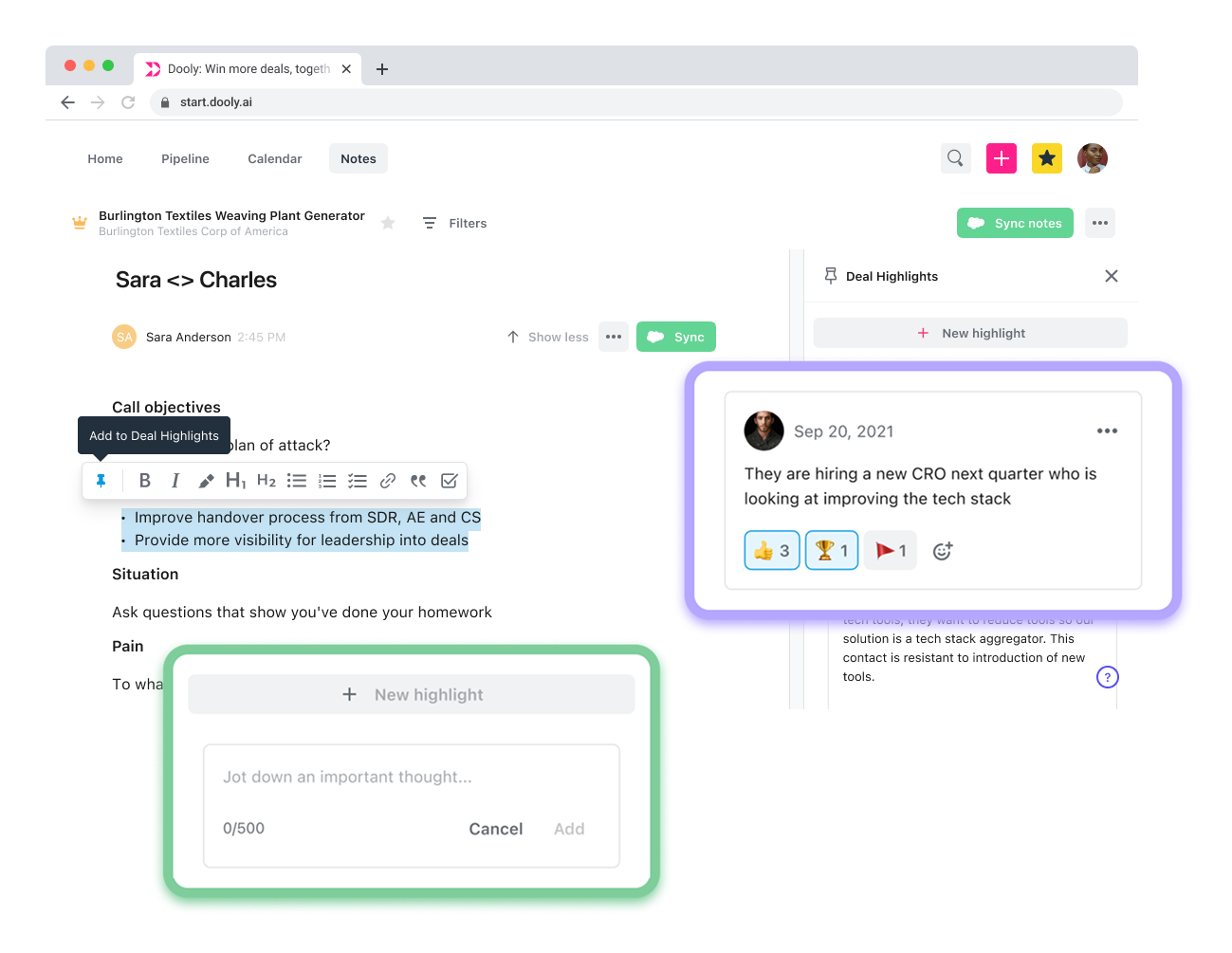The Dooly note editor with the Deal Highlights drawer open, showing the pin action in the toolbar, the write directly field, and a highlight carrying reactions from teammates