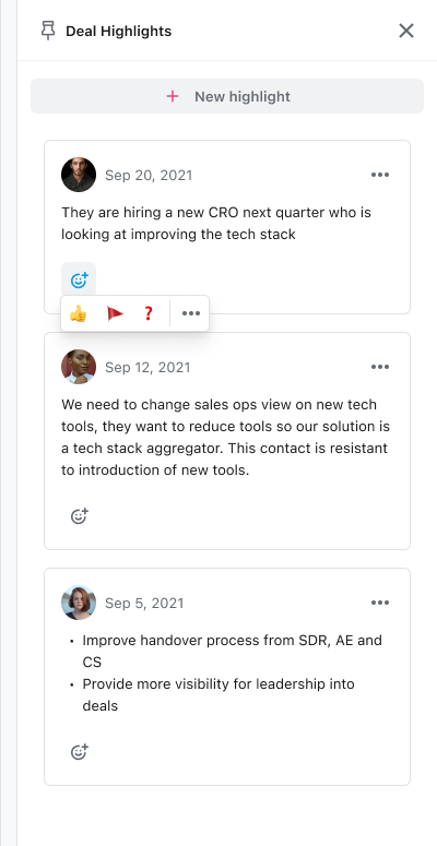 The Deal Highlights drawer with a reaction picker open under one highlight, offering thumbs up, flag and question mark