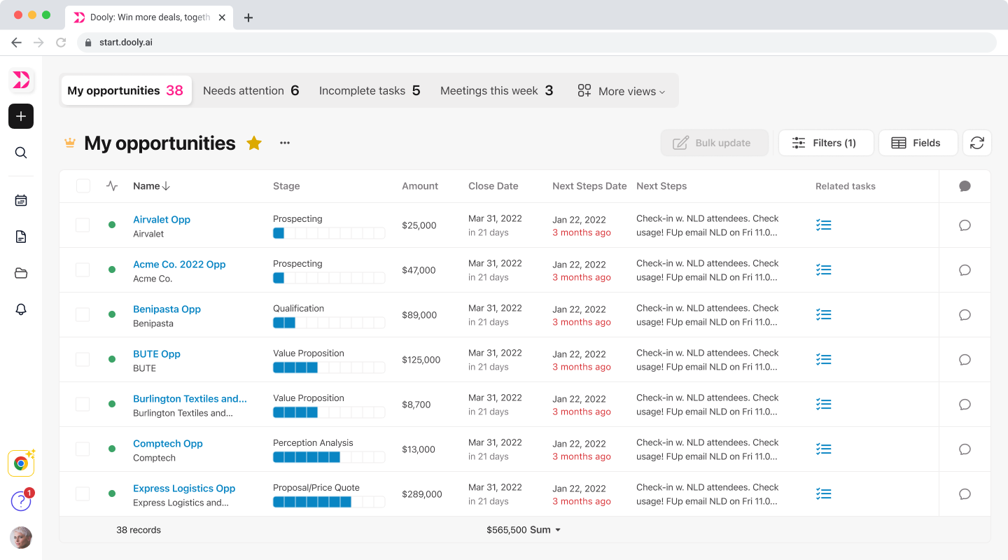 Dooly's redesigned pipeline view as the new landing page, showing a sortable list of sales opportunities