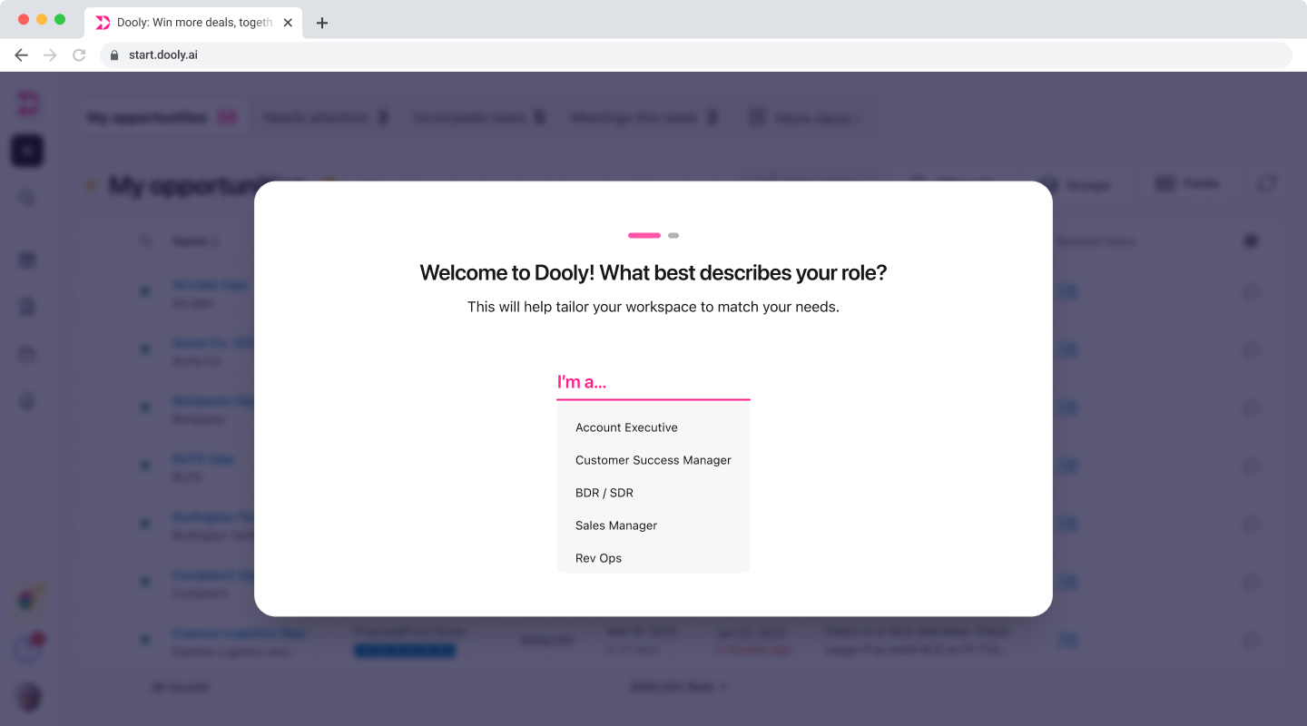 The onboarding step where a new user picks their role, with options like Account Executive and Sales Manager